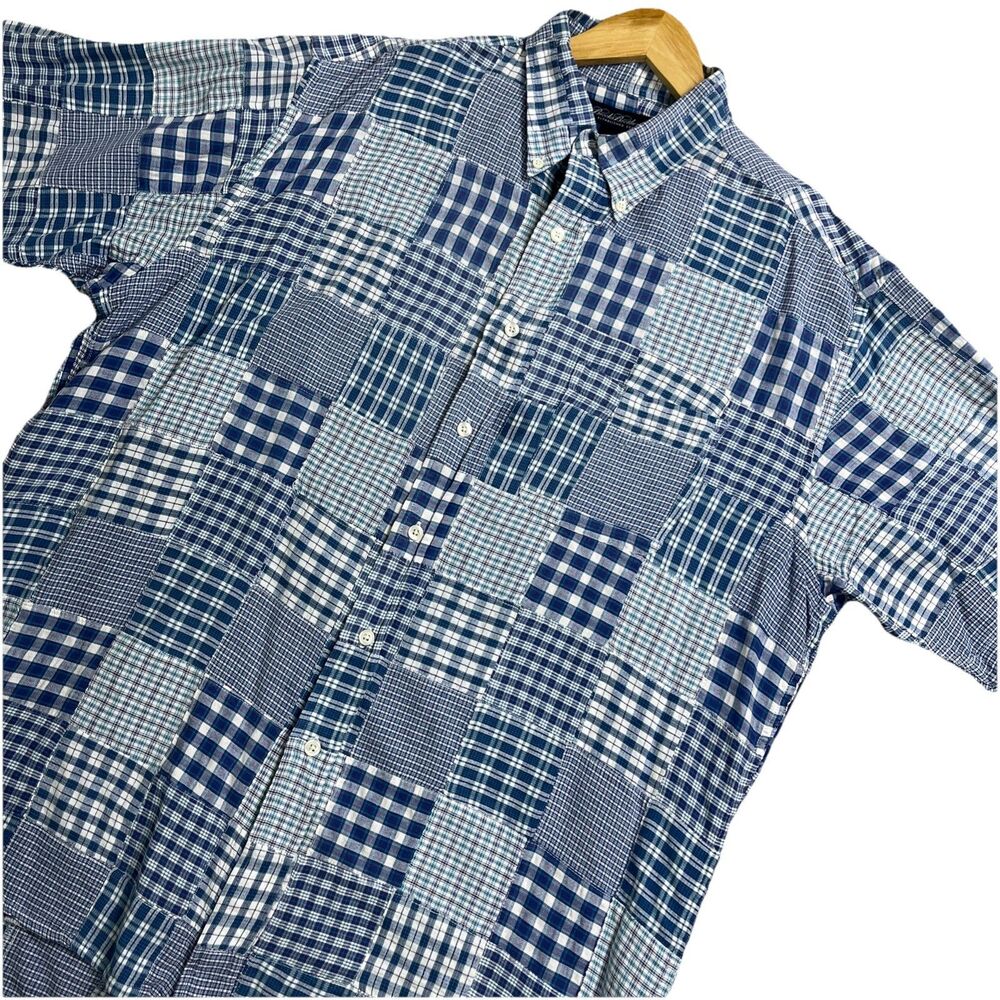 NWOT Brooks Brothers Shirt Mens L Patchwork Quilted Plaid Blue Short Sleeve